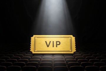 Gold VIP ticket on empty theater seats under spotlight symbolizing exclusive access, prestige and premium entertainment. Luxury concept perfect for cinema events, premieres, invitations and elite 