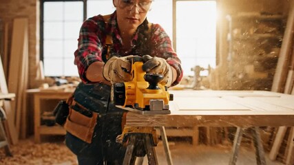 Skilled carpenter using electric planer to smooth wood in workshop.