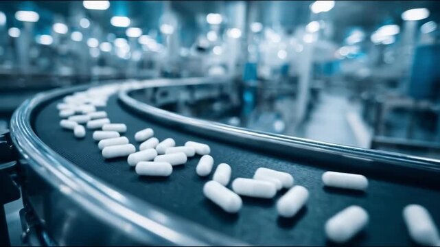 Pharmaceutical production line with white capsules moving on conveyor belt in sterile factory environment