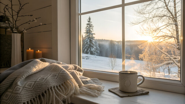 Hygge holiday decoration scene, minimal Scandinavian ornaments, candles, natural textures, soft warm light, copy space