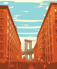 Vector banner with New York, Manhattan Bridge, cityscape and buildings. USA illustration in grunge style. T-shirt design, tourist signboard, tourist postcard. Not AI.