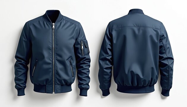 Front and back view of a plain navy blue bomber jacket isolated on a white background. Features zipped pockets and elasticated cuffs and hem. Modern casual outerwear.