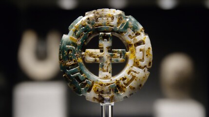 Bi Jadedisk With Dual Dragon Motif From the Warring States Period Displayed in a Museum Setting