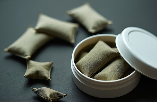 Small pouches filled with snus rest in open round container. Some pouches lie scattered on dark surface nearby. Nicotine product alternative, tobacco substitute.