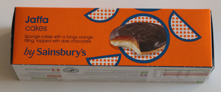 Norwich, england november 26 2025 orange box of jaffa cakes by sainsburys on white background