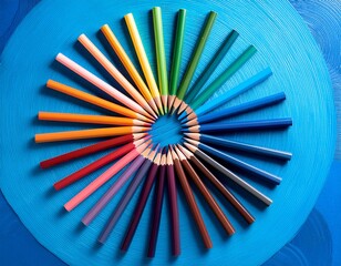 the colored pencils arranged in a vibrant circular rainbow pattern on blue background