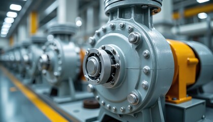 Fototapeta premium Industrial electric pump detail in a factory setting. Heavy machinery with durable connections and impeller mechanism, part of a larger system. Power generation and flow of liquids.