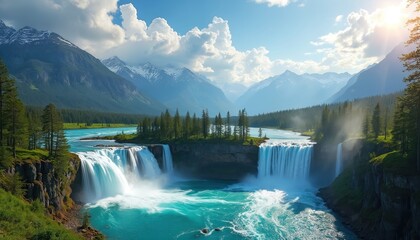 Fototapeta premium Cascading waterfalls plunge into turquoise water surrounded by lush green forests and majestic mountains under bright blue sky with fluffy clouds. Powerful flow creates mist rising into sunlit air.