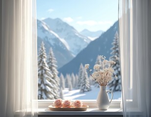View from window in winter. Snow covered mountains and pine trees outside. Inside on windowsill are roses and dry flowers in vase. White curtains frame the scene.