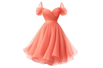 Elegant coral dress on transparent background, beautiful party wear.