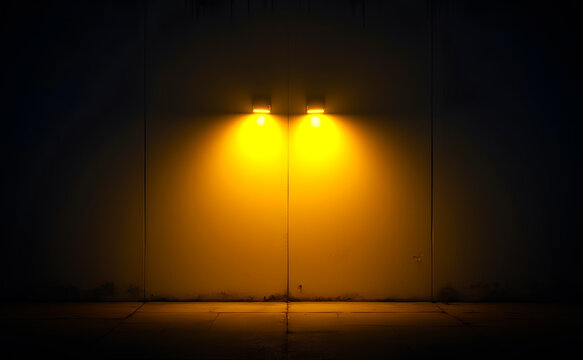 Minimalist Wall with Two Glowing Yellow Lamps Casting Bright Light in the Dark