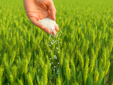 Hand Applying Fertilizer Pellets to Green Wheat Field for Sustainable Agriculture