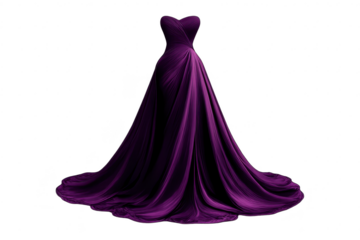 Elegant strapless purple gown on transparent background, flowing fabric