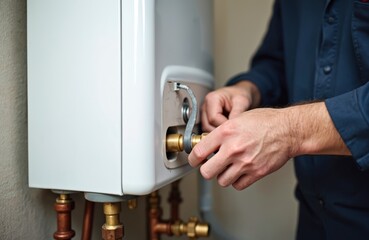 Man works on electric water heater installation. Technician connects pipes, performs maintenance on home appliance. Skilled plumber fixes heating system for warm water supply.