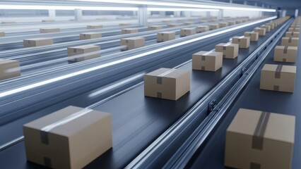 Automated warehouse conveyor lines moving cardboard parcels.