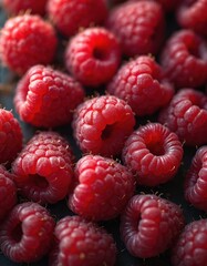 Ripe, red raspberries fill frame in close-up. Sweet, juicy berries show detailed texture and fresh, natural beauty. Perfect for food, health, and lifestyle content.