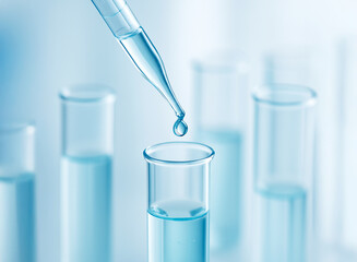 Close-up of a laboratory pipette dropping liquid into a glass test tube with blue solution. Clean scientific background, research, chemistry, biotechnology and medical analysis concept.