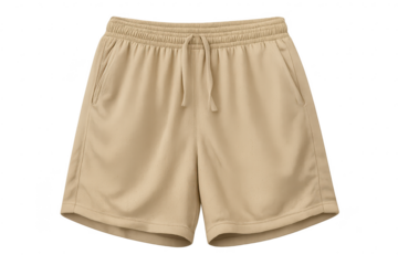 Tan athletic shorts on transparent background, drawstring and pockets.