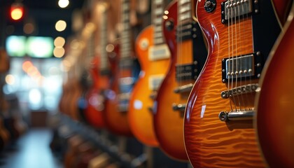 Collection of electric guitars with different colors and designs displayed on a wall in a music shop. Shiny musical instruments await buyers looking for their perfect sound.