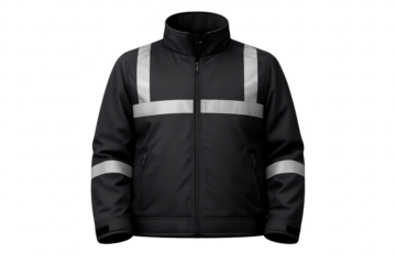Black safety jacket with reflective strips, transparent background image.
