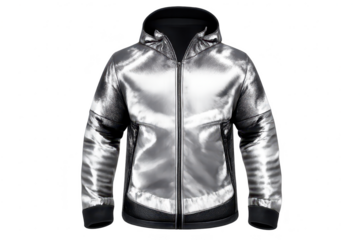 Futuristic Silver Jacket with Hood, transparent background, metallic shine