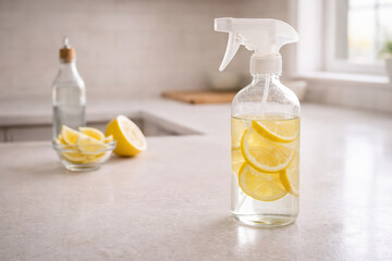 Lemon slices in clear spray bottle filled with liquid on kitchen countertop with bowl of lemon wedges and bottle in background, bright natural light creating fresh atmosphere