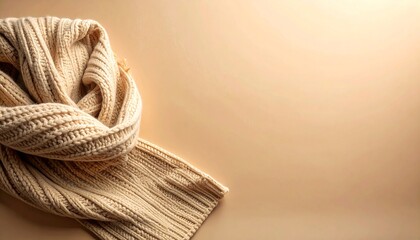 温かみのあるマットなベージュ背景に、折りたたまれたニットマフラーを画面下部に配置した映像です。
柔らかな光が布の質感を自然に引き立て、穏やかで清潔感のある印象を与えます。