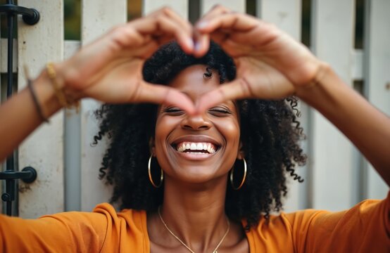 Black woman smiles, eyes closed forming heart shape with hands. She wears an orange top and gold hoop earrings. Natural outdoor setting with soft light.
