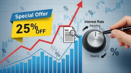 Business graph with percentage, special offer of shopping department store discount and tax concept, adjusting interest rates, raising interest rates to fight inflation, returns on investments