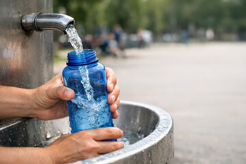 Water bottle filling from outdoor drinking fountain with fresh water pouring into blue reusable container, hydration and eco friendly concept