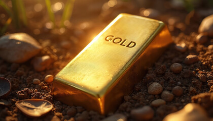 A shiny gold bar rests on earthy ground with small stones and dry leaves. Sunlight illuminates the precious metal, suggesting wealth, investment, and financial success in a natural setting.