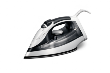 Sleek silver iron isolated on transparent background, appliance object.