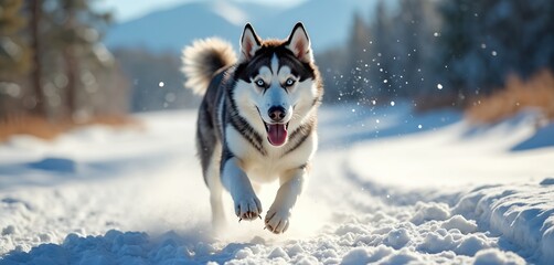 Siberian husky runs with joy across a snow covered path in a winter forest. Dog blue eyes shine, tongue out, fur ruffled by brisk motion. Sunlight sparkles on falling snow.