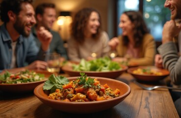Friends enjoy healthy vegetarian dinner meal sharing stories and laughter. People eat food together around table at home. Group enjoys conversation, bonding, making memories during festive meal.