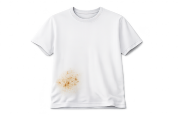 Stained white T-shirt on a transparent background. Clothing design.