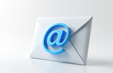 White envelope with blue at symbol signifies email and digital messaging. Modern concept for online communication. Network correspondence, virtual mail, cyber correspondence.
