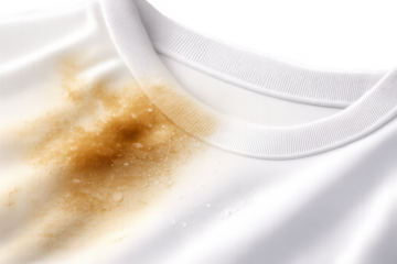 Stained white T-shirt on transparent background close up textile shot