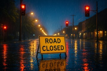 Yellow "ROAD CLOSED" sign stands on a rain-soaked empty street at night beneath red signals. Concept of caution, closure, and stormy night safety. For weather alert photo in transport safety content