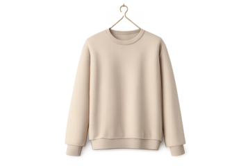 Beige sweatshirt on hanger, with transparent background apparel mockup.