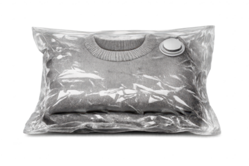 Sweater sealed in a vacuum bag on transparent background, storage idea