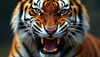 Tiger face extreme close up open mouth showing sharp teeth and pink tongue. Intense stare with yellow eyes. Detailed fur texture and black stripes visible.