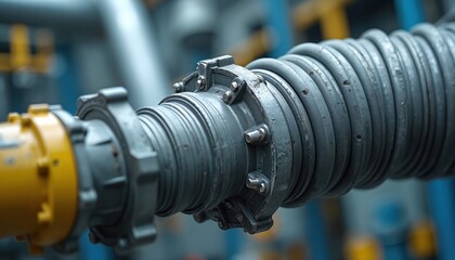 Fototapeta premium Flexible metal hose with secure couplings connects industrial pipes carrying fuel or fluid. Heavy duty tubing system for high pressure use in factory or plant.