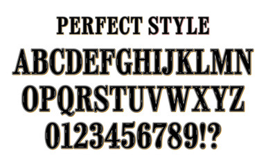 Obraz premium Vintage vector bold serif alphabet font set with decorative double black outline, including uppercase letters A–Z and numbers 0–9 with punctuation, retro headlines, posters and labels.