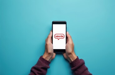 Person holds phone with subscribe button on screen. User signs up for online service. Digital content access. Mobile app usage. Subscription payment process. Online media browsing.