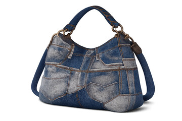 Denim Handbag with Rings on transparent background. Fashionable style.