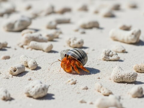 Hermit crab amidst shells on sandy beach