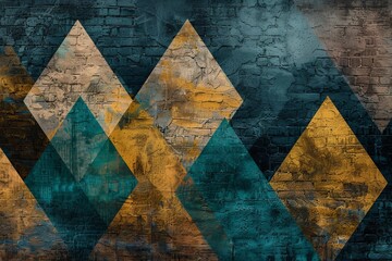 Colorful geometric street art mural with triangles in green, yellow, and blue on brick wall