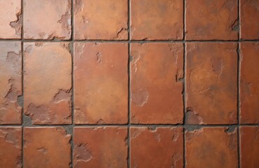 Aged terracotta tiles with rough chipped edges form rustic floor pattern. Square clay blocks display warm orange tones, grout lines creating earthy texture. Surface ideal for rustic home decor