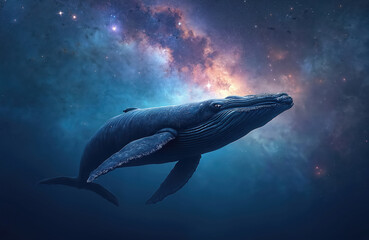 Majestic humpback whale swims through a cosmic ocean under a starry nebula sky. This powerful mammal navigates the vast universe with graceful underwater motion. A true wonder of the deep and sky.