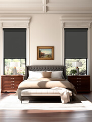 Spacious classic-modern bedroom with black roller blinds and warm neutral decor